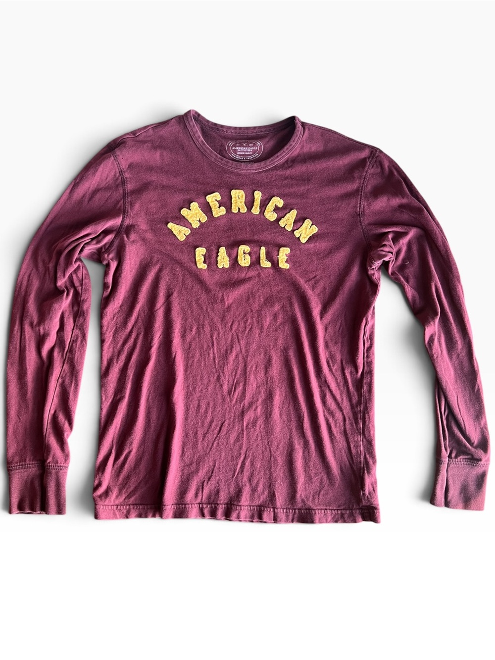 American Eagle Burgundy Logo Spell Out Long Sleeve Shirt S 2010s Preppy Distress